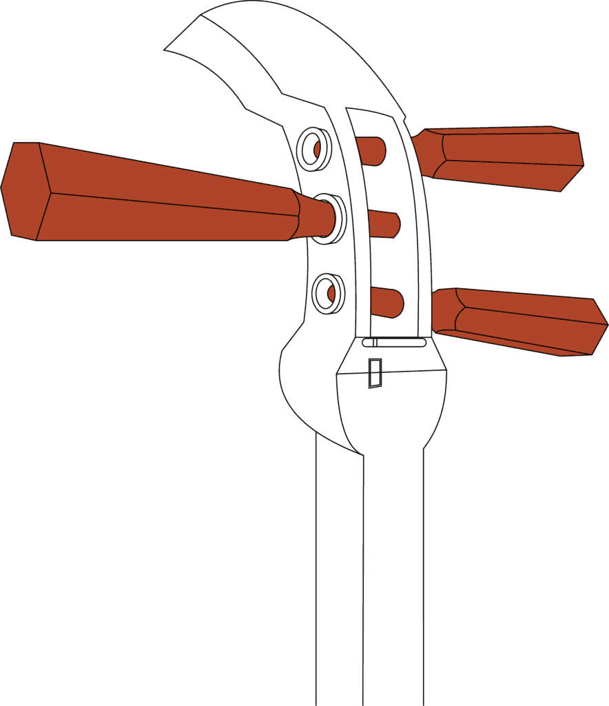 Illustration of a shamisen's head (tenjin) with highlighted itomaki (tuning pegs).