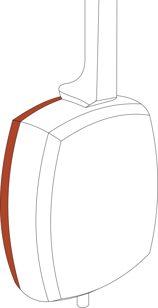 schematic illustration of a shamisen body with doukake and highlighted back skin (uragawa).