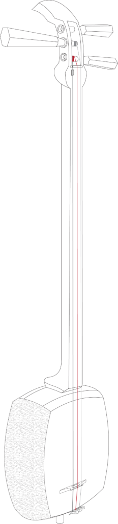Schematische Illustration einer Shamisen mit rot hervorgehobener mittlerer Saite (Ni no Ito).