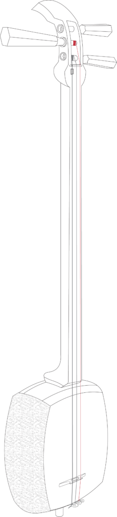 schmematic illustration of a shamisen with red highlighted skinny string (san no ito)