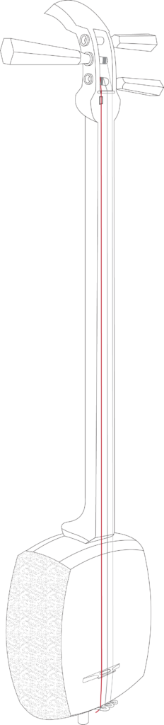schematic illustration of a shamisen with highlighted thick string (ichi no ito)